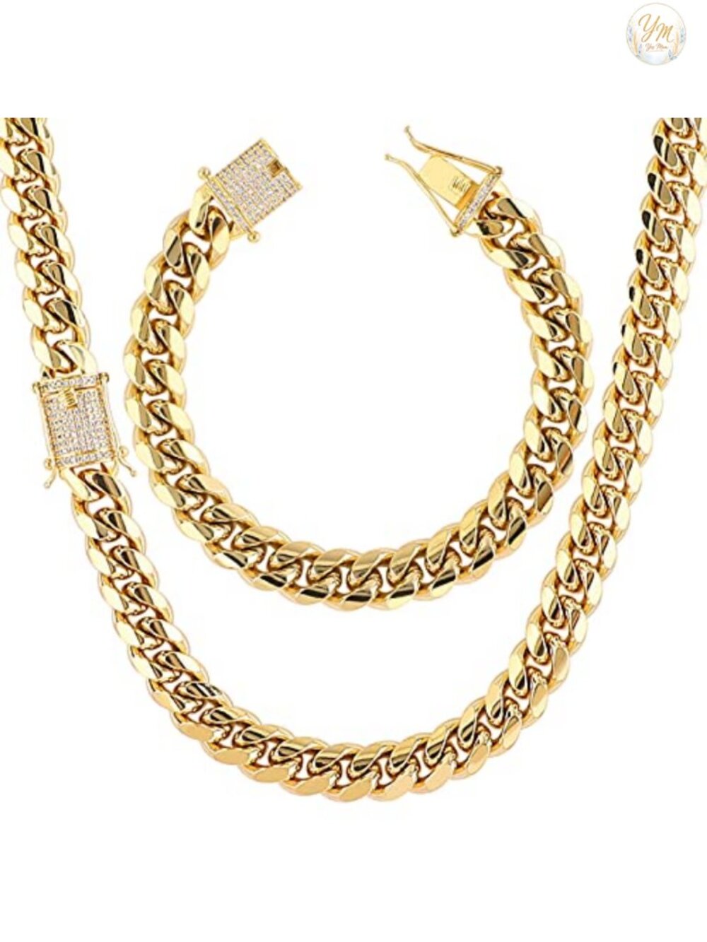 18K Gold Plated Stainless Steel Curb Chain Necklace Set for Men